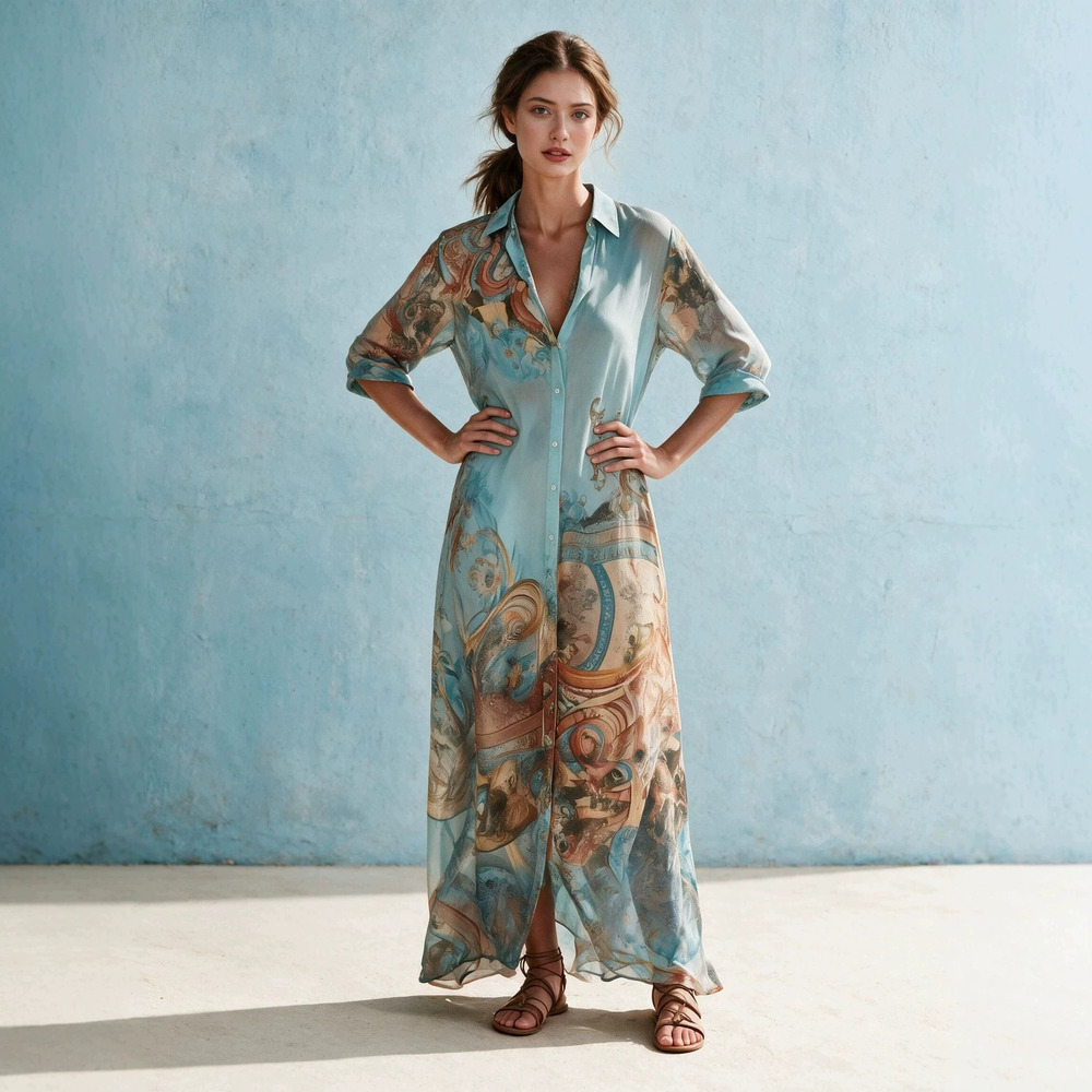 ZARA Fashion Print Silk Touch Maxi Dress Vacation Elegant